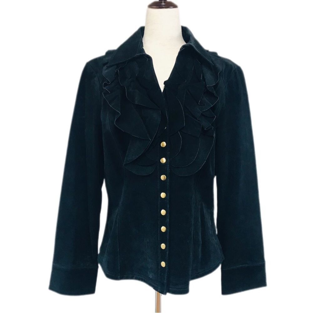 VINTAGE Berek Black Suede Leather Jacket Ruffle Neckline Button Front Size Large